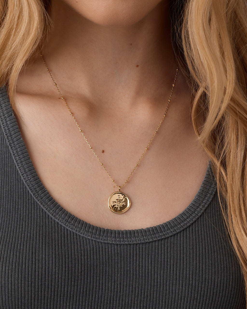 18K Gold Plated Coin Necklace, Compass Necklace || option::18K Gold Plated