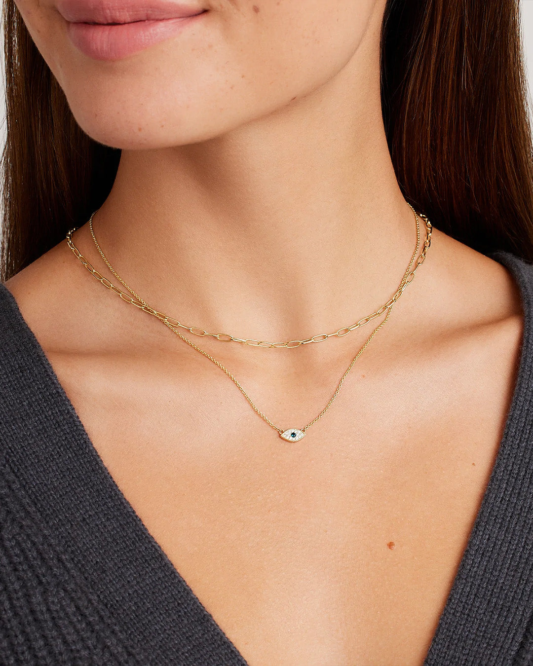 White CZ / London Blue Nanogem Evil Eye Charm Necklace necklace for protection || option:: 18K Gold Plated || set::evil-eye-charm-necklace-stl