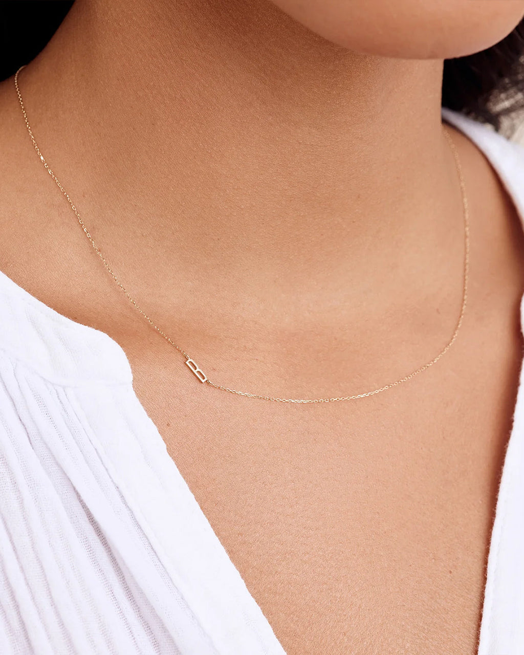 Woman wearing Alphabet Necklace || option::14K Solid Gold, B