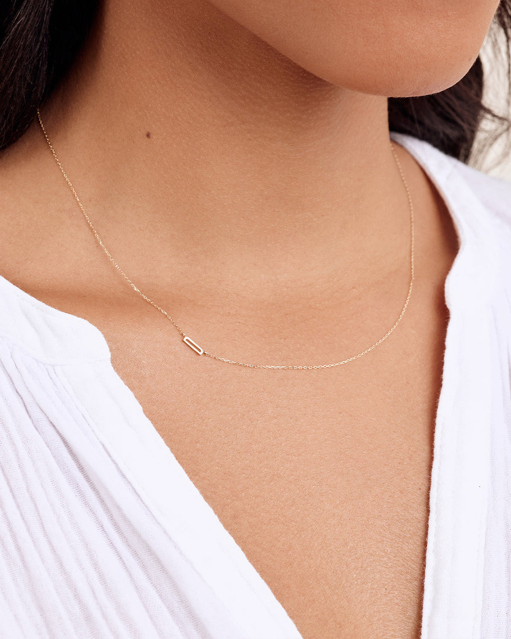 Woman wearing Alphabet Necklace || option::14K Solid Gold, D