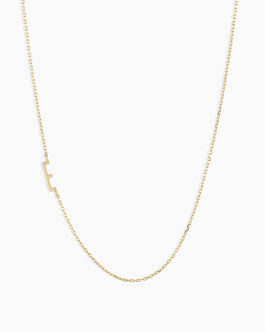 Woman wearing Alphabet Necklace || option::14K Solid Gold, E