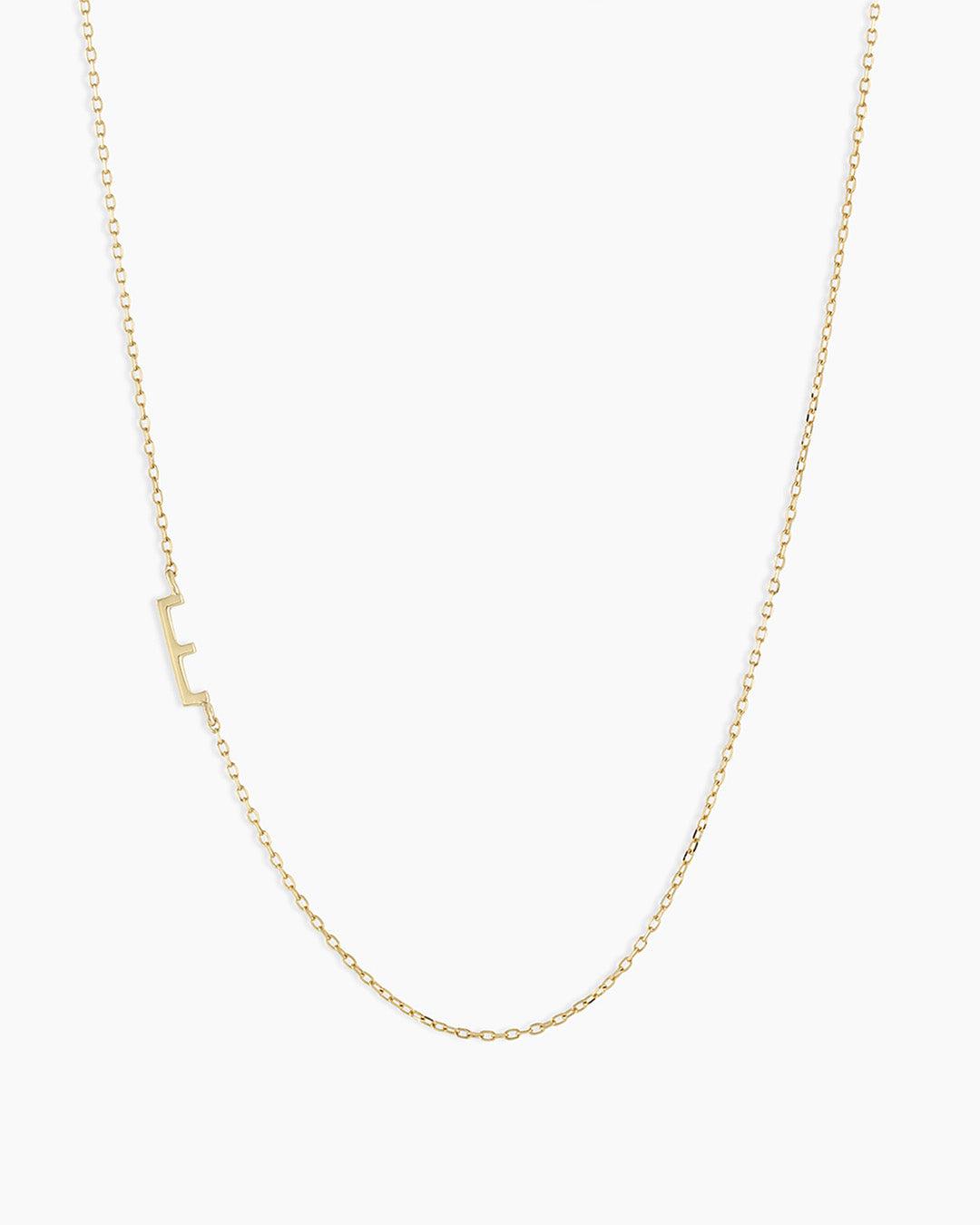 Woman wearing Alphabet Necklace || option::14K Solid Gold, E