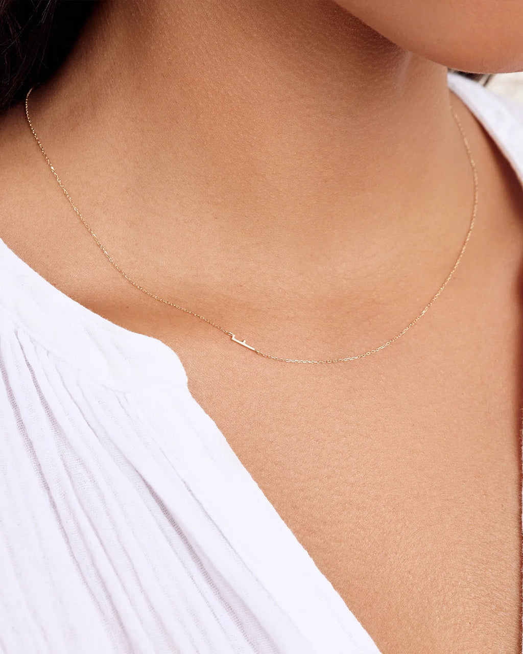 Woman wearing Alphabet Necklace || option::14K Solid Gold, F