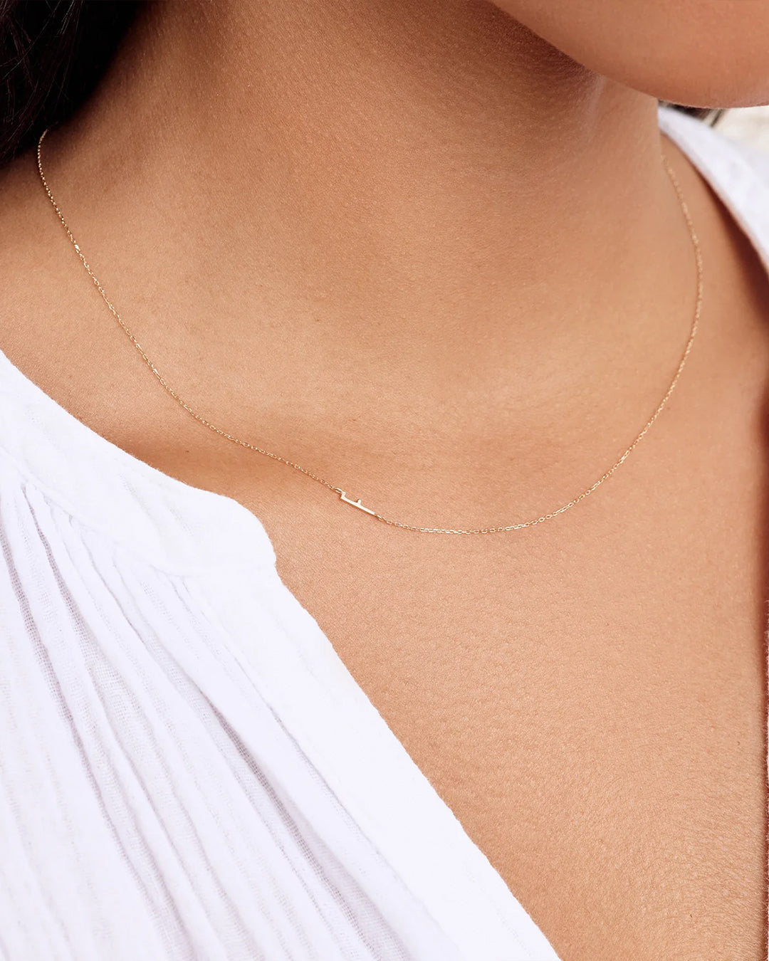 Woman wearing Alphabet Necklace || option::14K Solid Gold, F