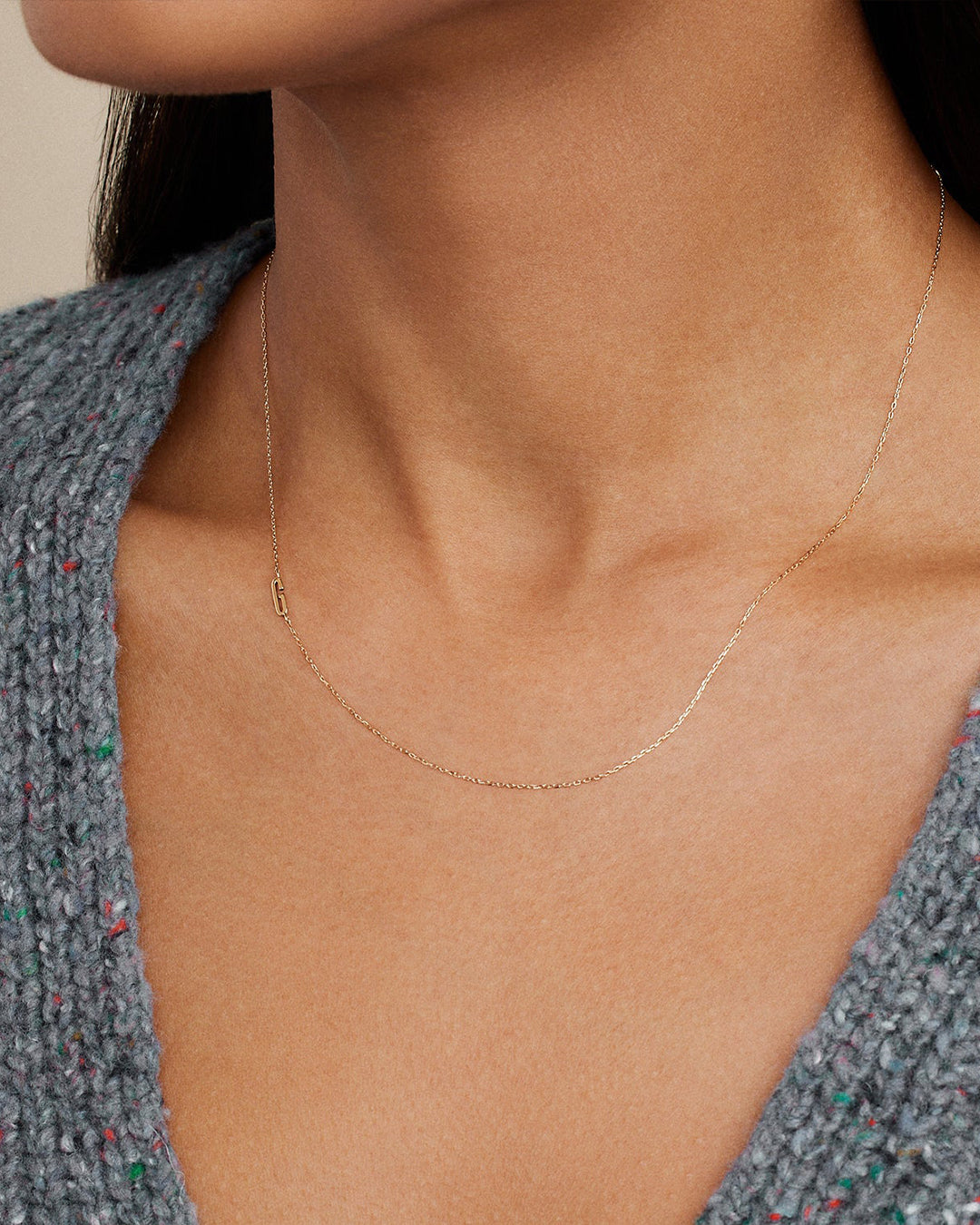 Woman wearing Alphabet Necklace || option::14K Solid Gold, G