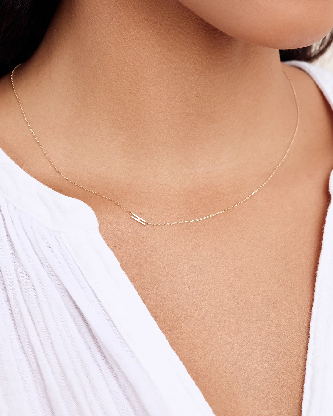 Woman wearing Alphabet Necklace || option::14K Solid Gold, H