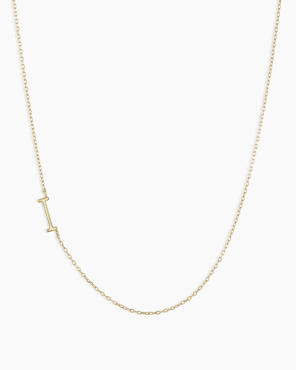 Woman wearing Alphabet Necklace || option::14K Solid Gold, I