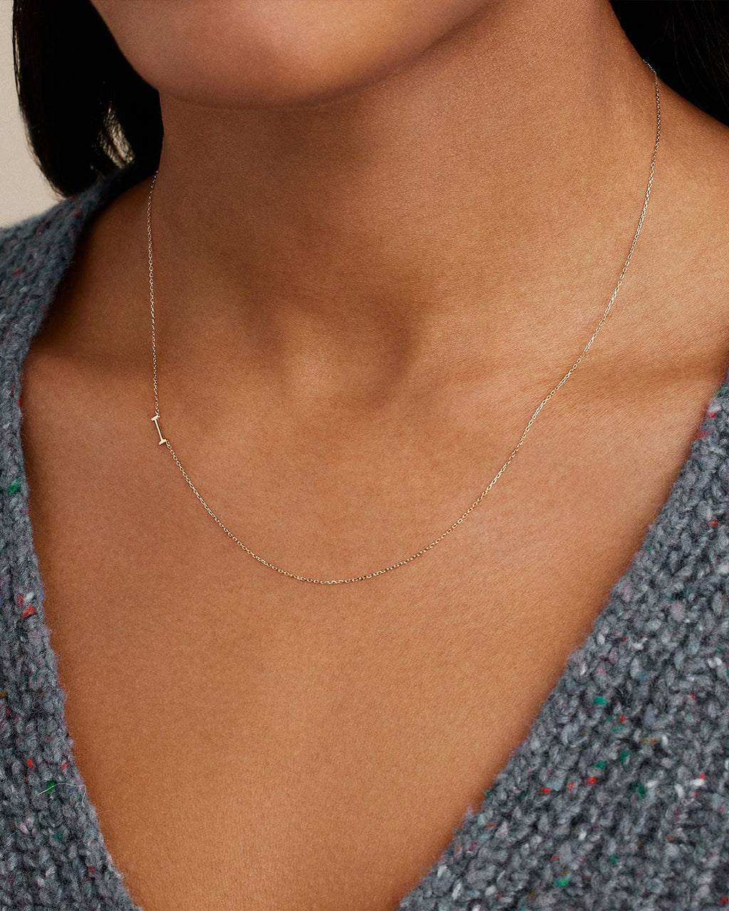Woman wearing Alphabet Necklace || option::14K Solid Gold, I