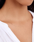 Woman wearing Alphabet Necklace || option::14K Solid Gold, J
