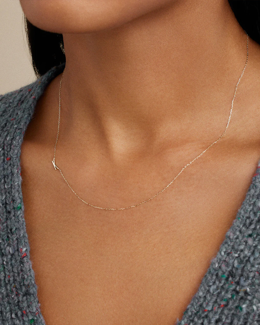 Woman wearing Alphabet Necklace || option::14K Solid Gold, K