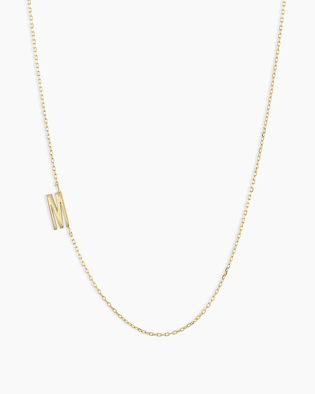 Woman wearing Alphabet Necklace || option::14K Solid Gold, M