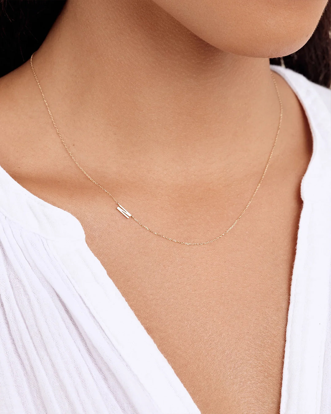 Woman wearing Alphabet Necklace || option::14K Solid Gold, N