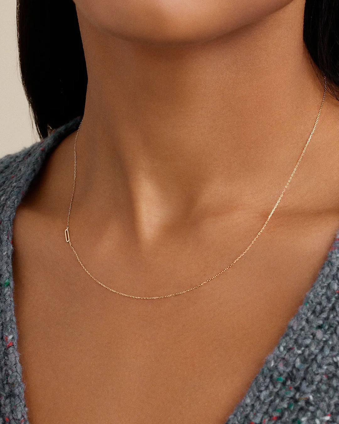 Woman wearing Alphabet Necklace || option::14K Solid Gold, O