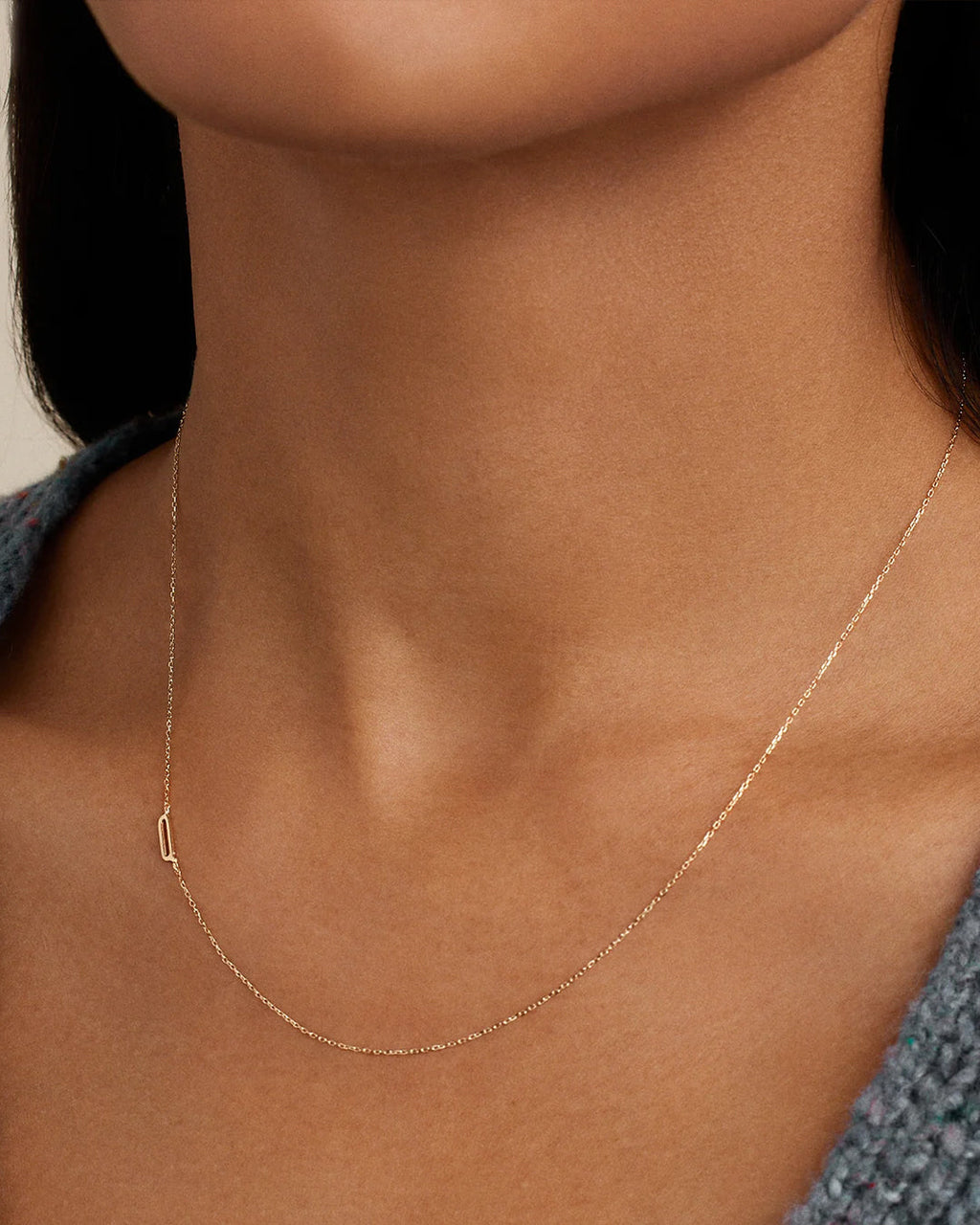 Woman wearing Alphabet Necklace || option::14K Solid Gold, Q