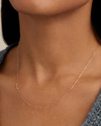 Woman wearing Alphabet Necklace || option::14K Solid Gold, Q