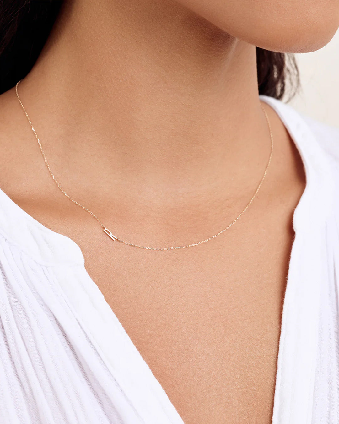 Woman wearing Alphabet Necklace || option::14K Solid Gold, R