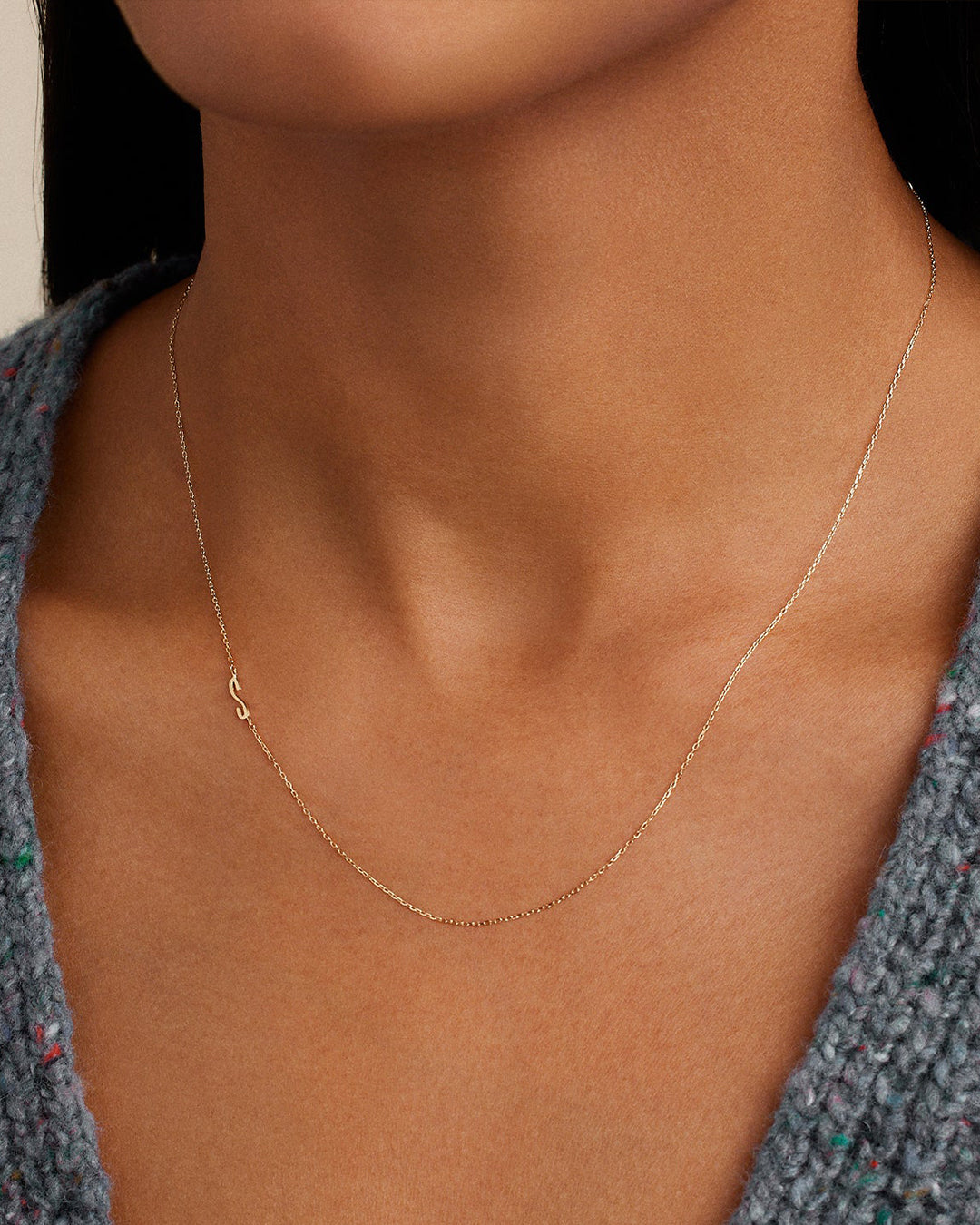 Woman wearing Alphabet Necklace || option::14K Solid Gold, S