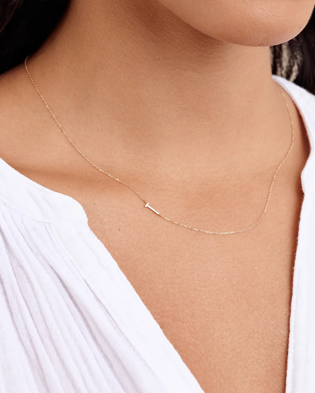 Woman wearing Alphabet Necklace || option::14K Solid Gold, T