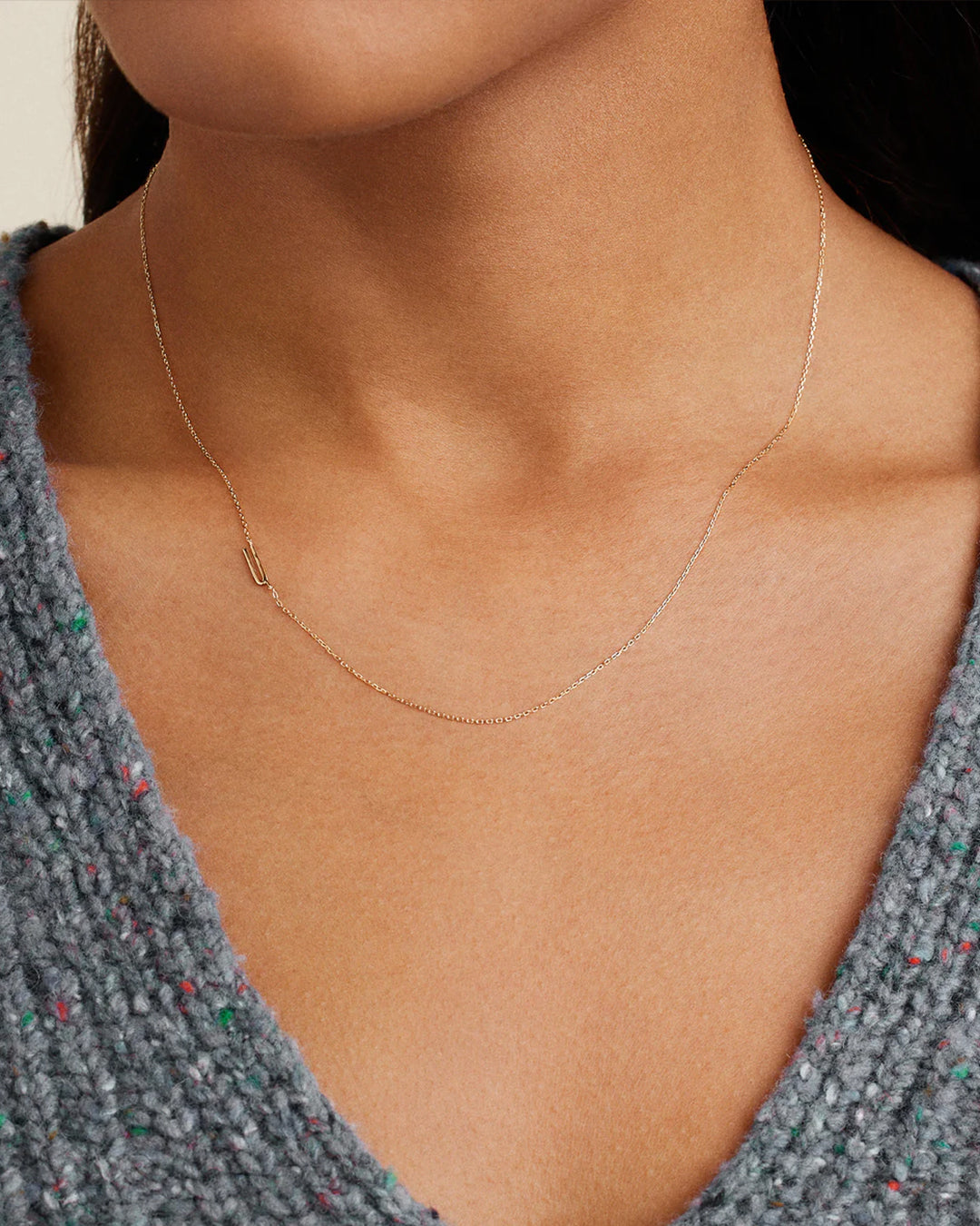 Woman wearing Alphabet Necklace || option::14K Solid Gold, U