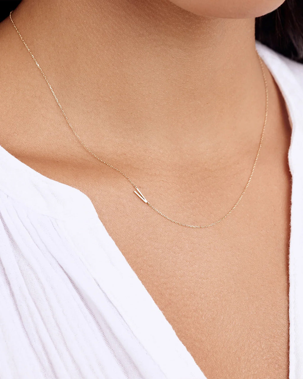 Woman wearing Alphabet Necklace || option::14K Solid Gold, V