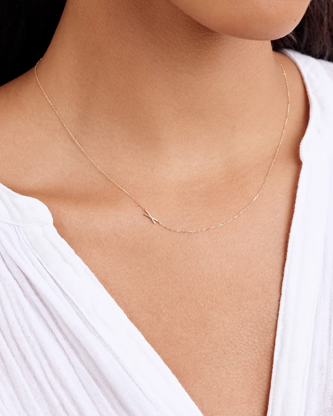 Woman wearing Alphabet Necklace || option::14K Solid Gold, X