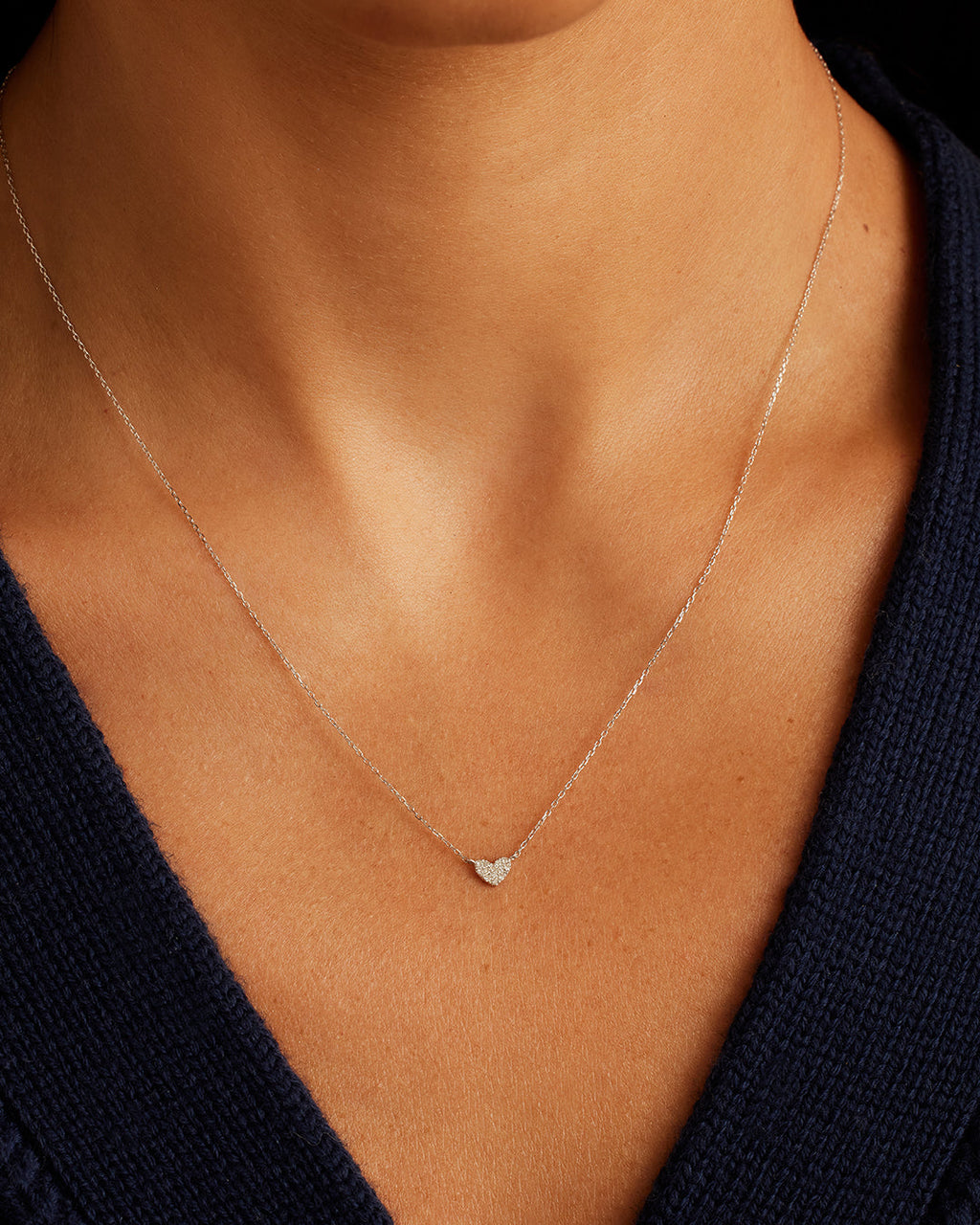 Diamond Pave Heart Charm Necklace || option::14K Solid White Gold