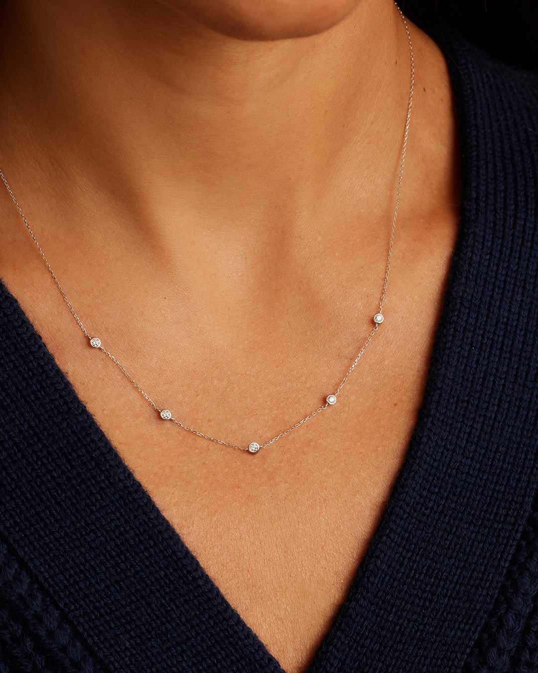 Classic Five Diamond Necklace || option::14K Solid White Gold