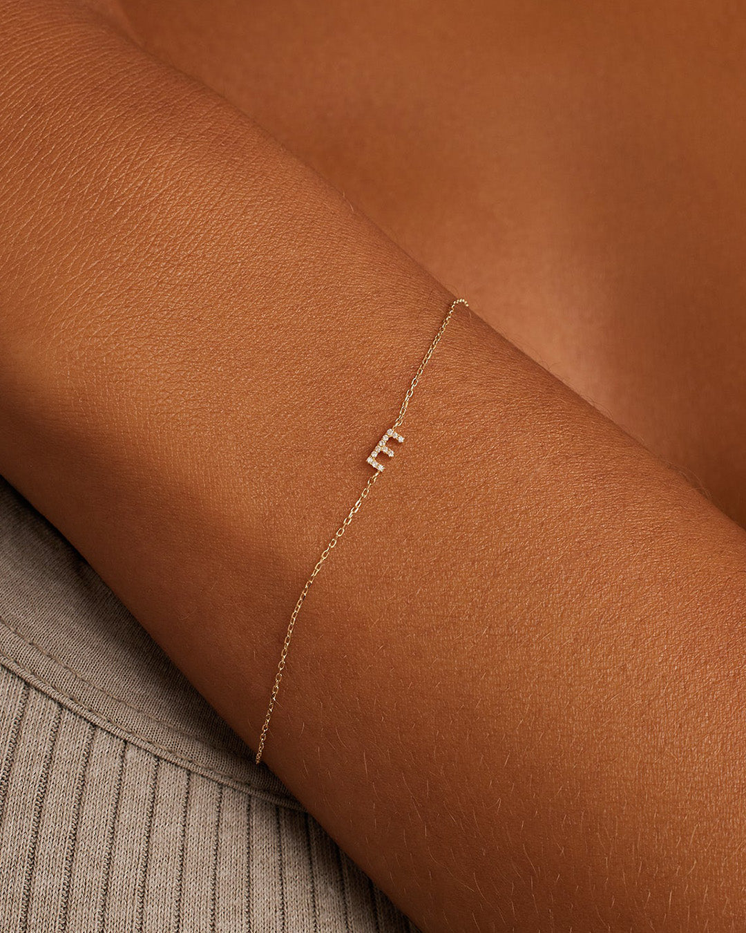 Diamond Pavé Alphabet Bracelet #E || option::14K Solid Gold, E