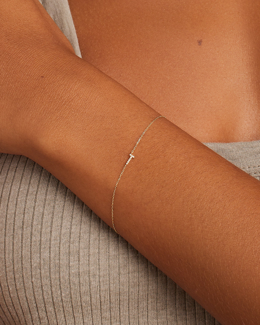 Diamond Pavé Alphabet Bracelet #T || option::14K Solid Gold, T