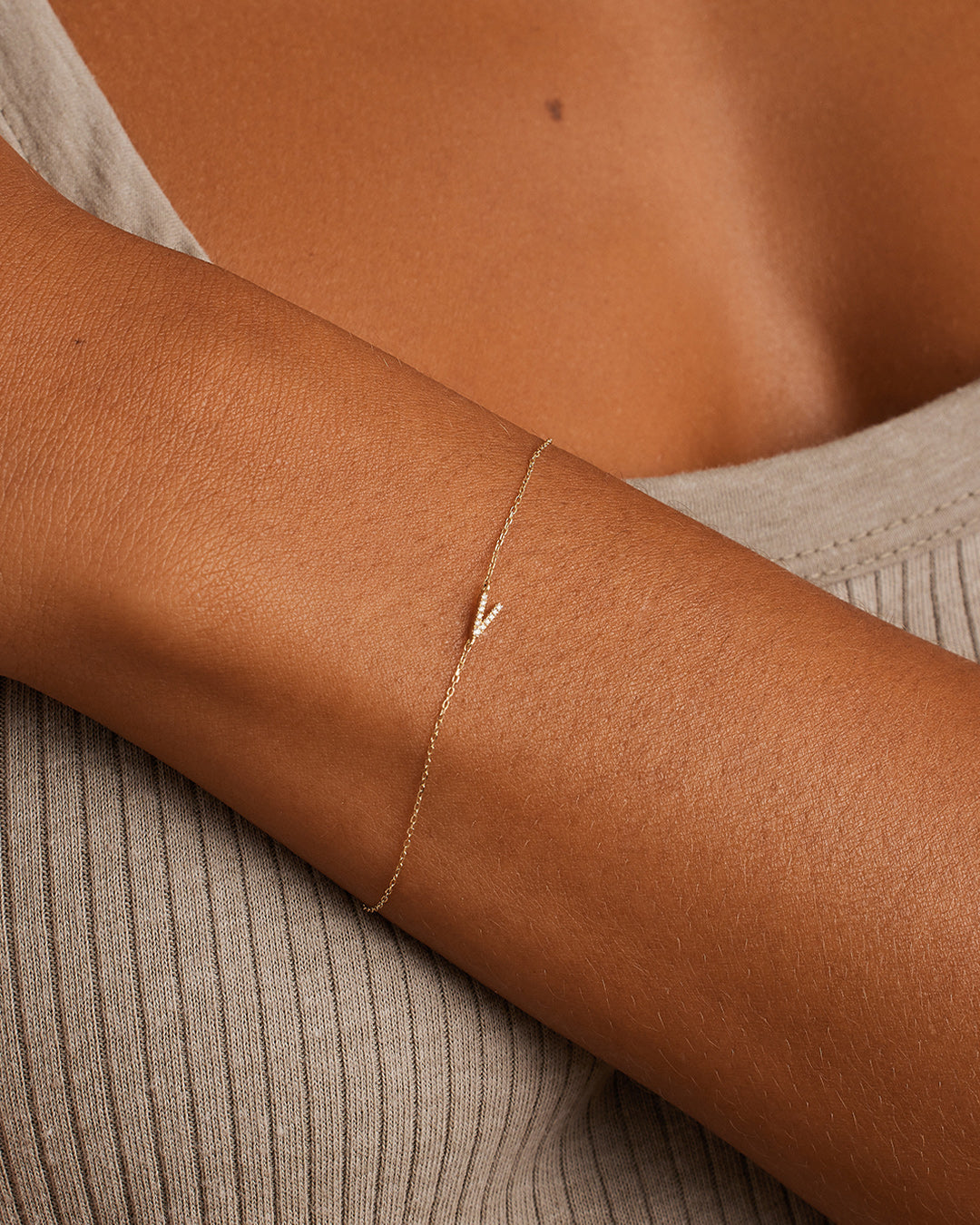 Diamond Pavé Alphabet Bracelet #V || option::14K Solid Gold, V