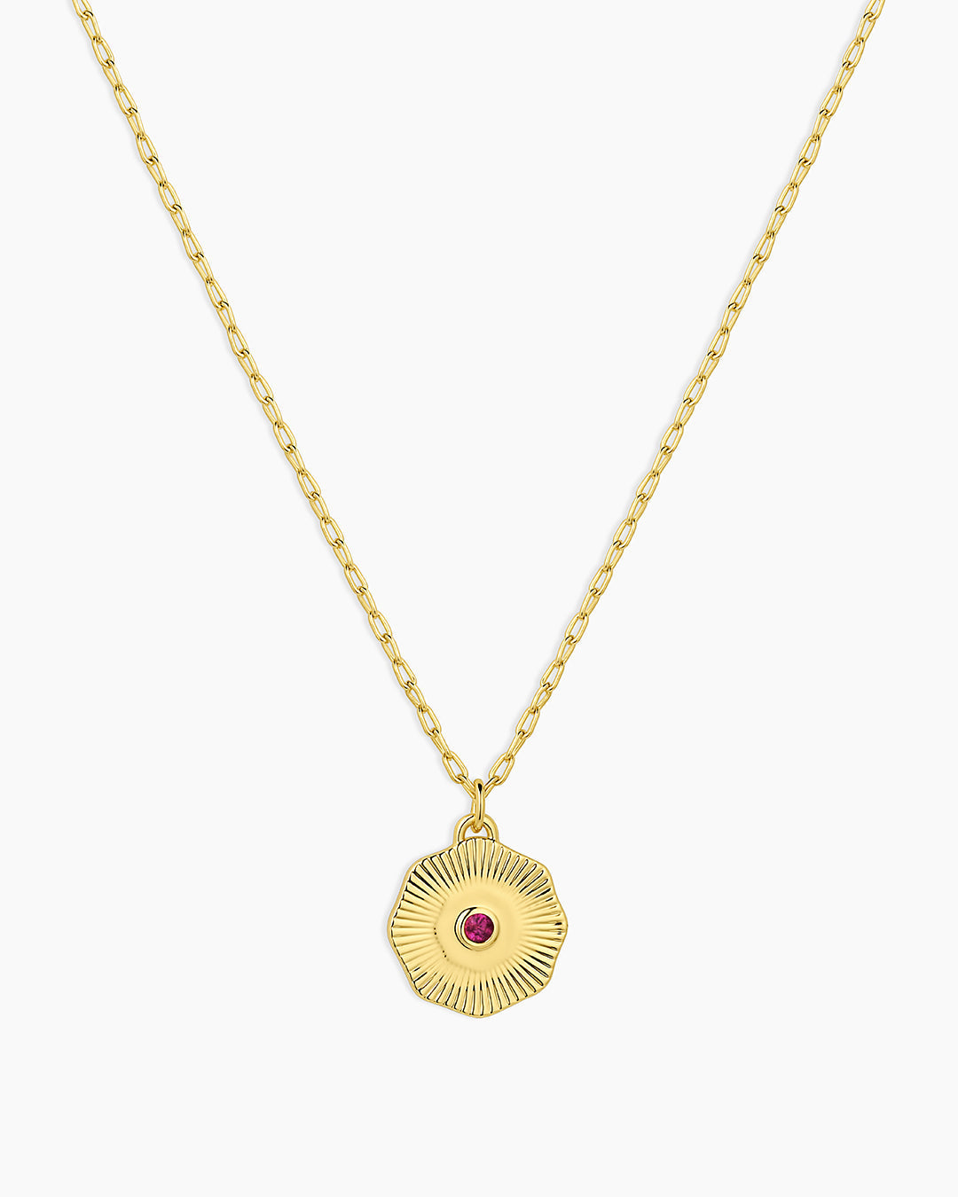 Birthstone Coin Necklace || option::18K Gold Plated, Ruby - July