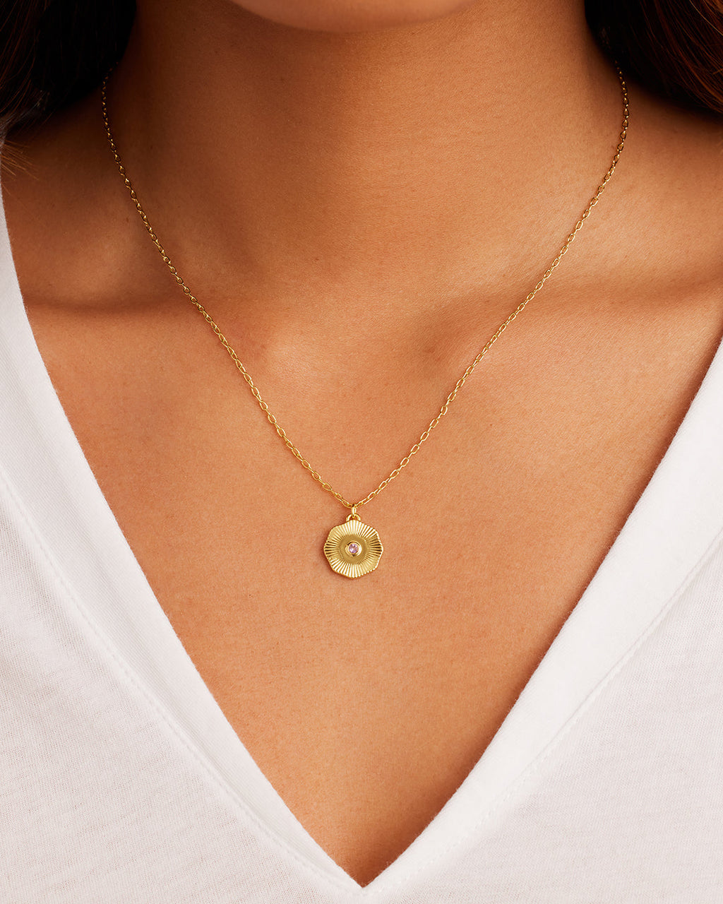 Birthstone Coin Necklace || option::18K Gold Plated, Amethyst - February