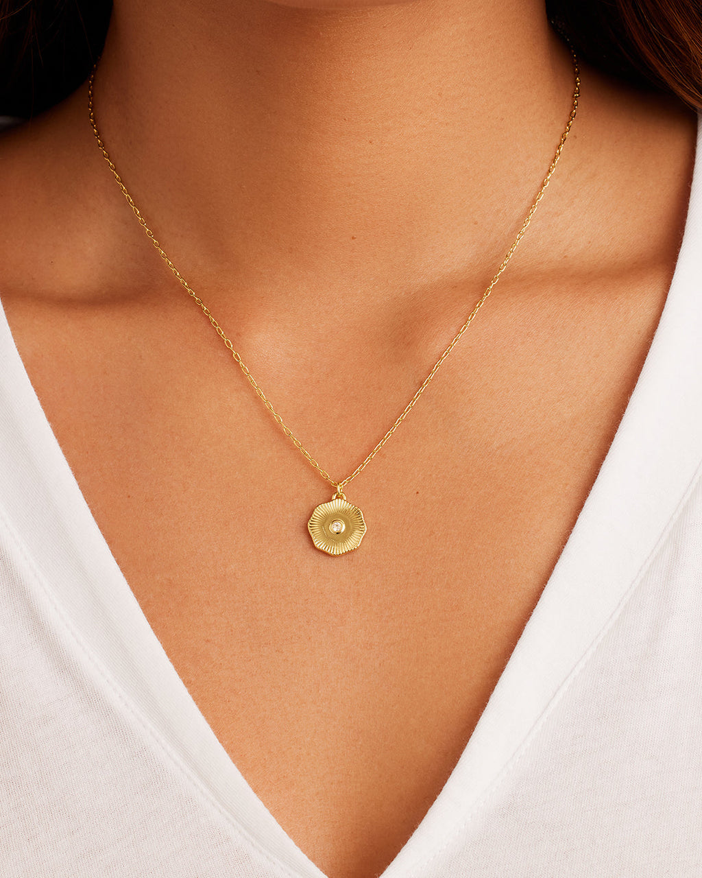 Birthstone Coin Necklace || option::18K Gold Plated, White Topaz - April