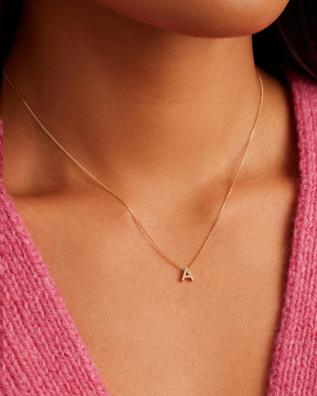 Diamond Alphabet Necklace || option::14K Solid Gold, A