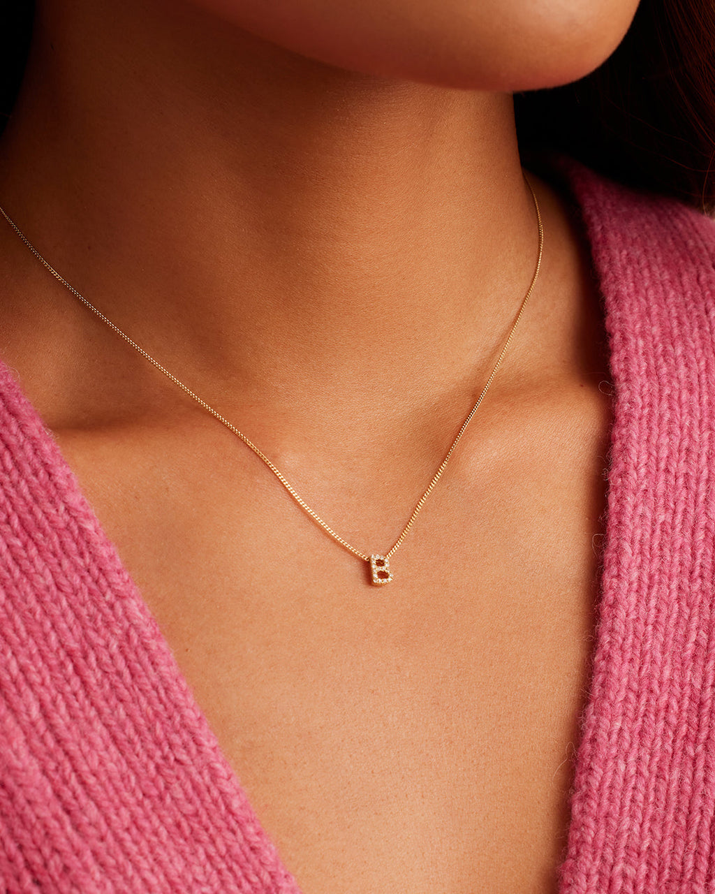 Diamond Alphabet Necklace || option::14K Solid Gold, B