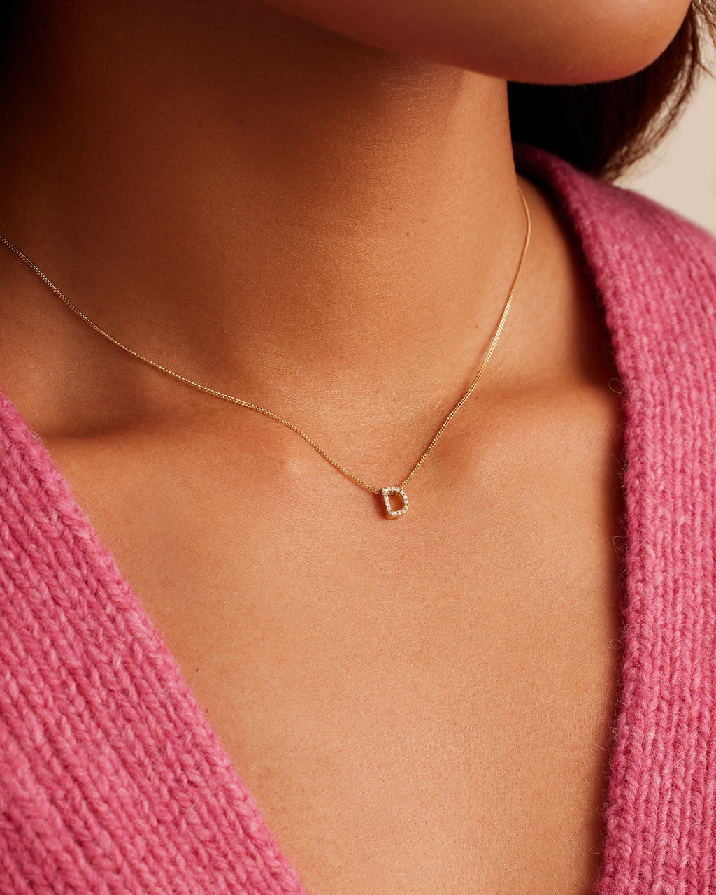 Diamond Alphabet Necklace || option::14K Solid Gold, D