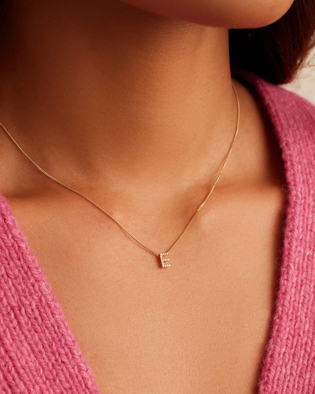 Diamond Alphabet Necklace || option::14K Solid Gold, E