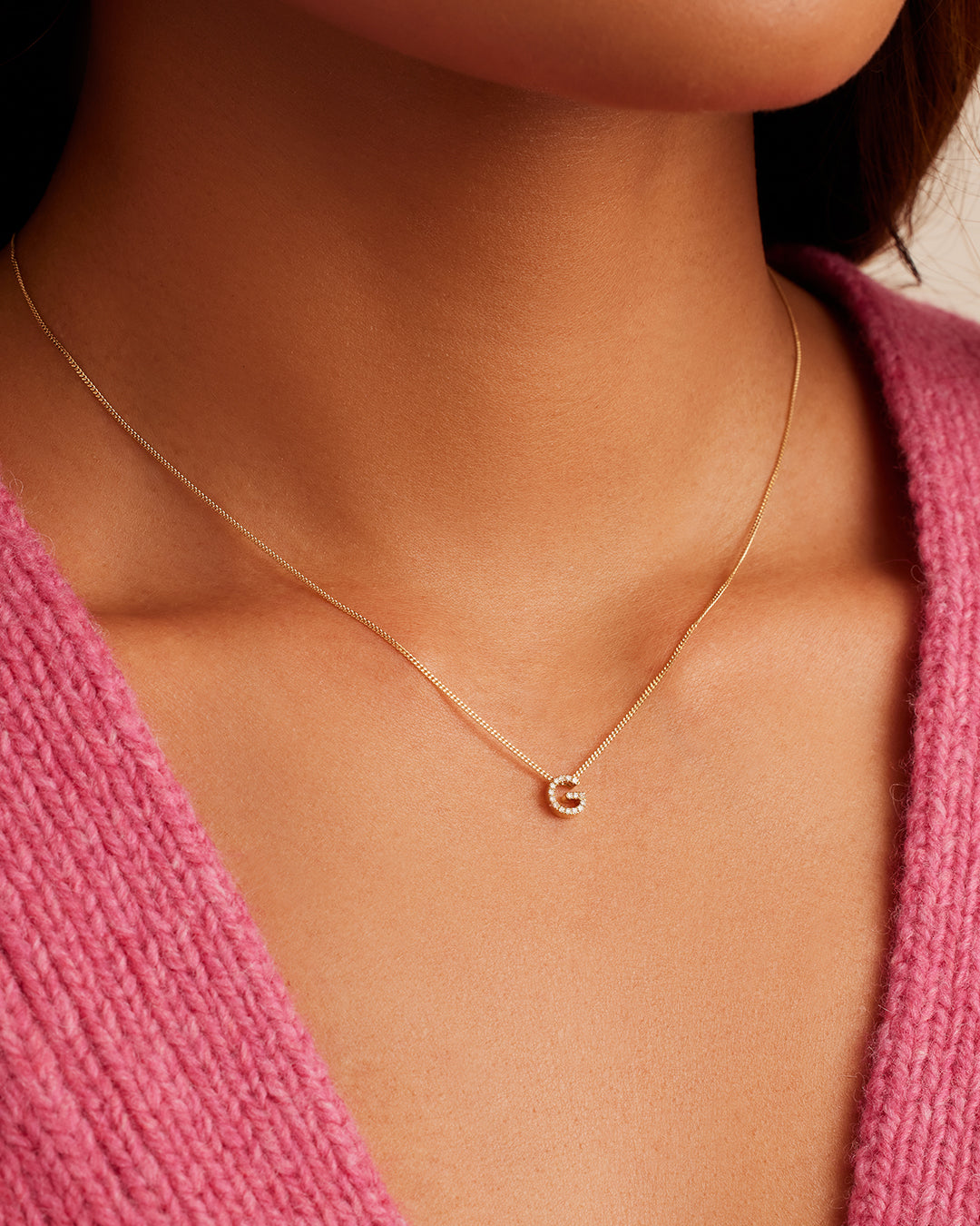 Diamond Alphabet Necklace || option::14K Solid Gold, G