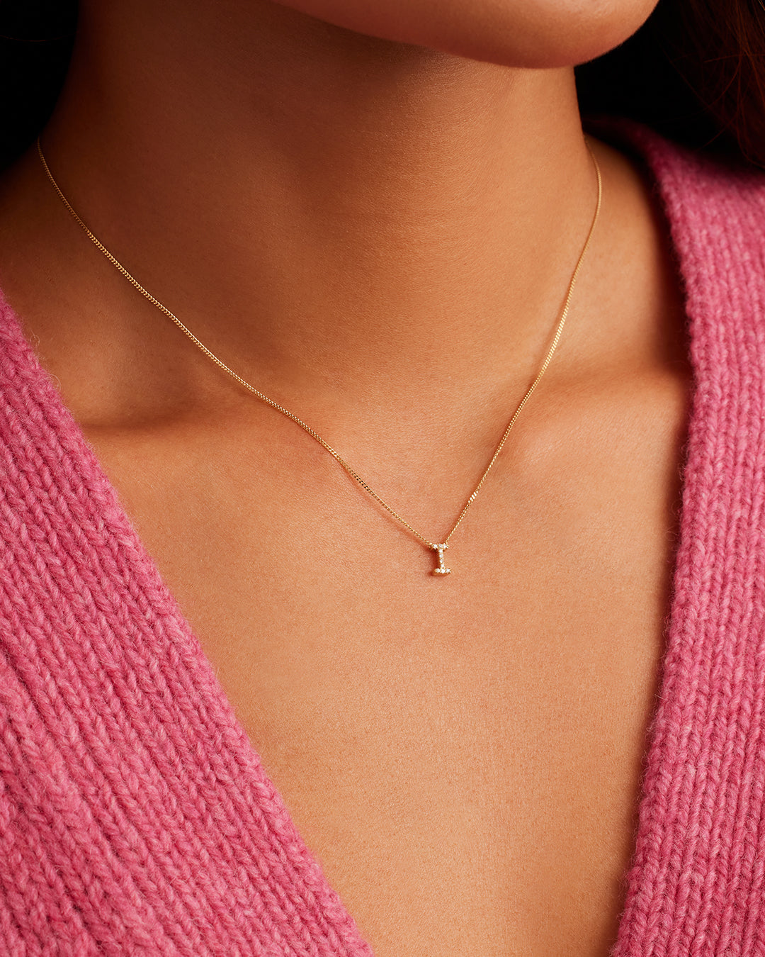 Diamond Alphabet Necklace || option::14K Solid Gold, I