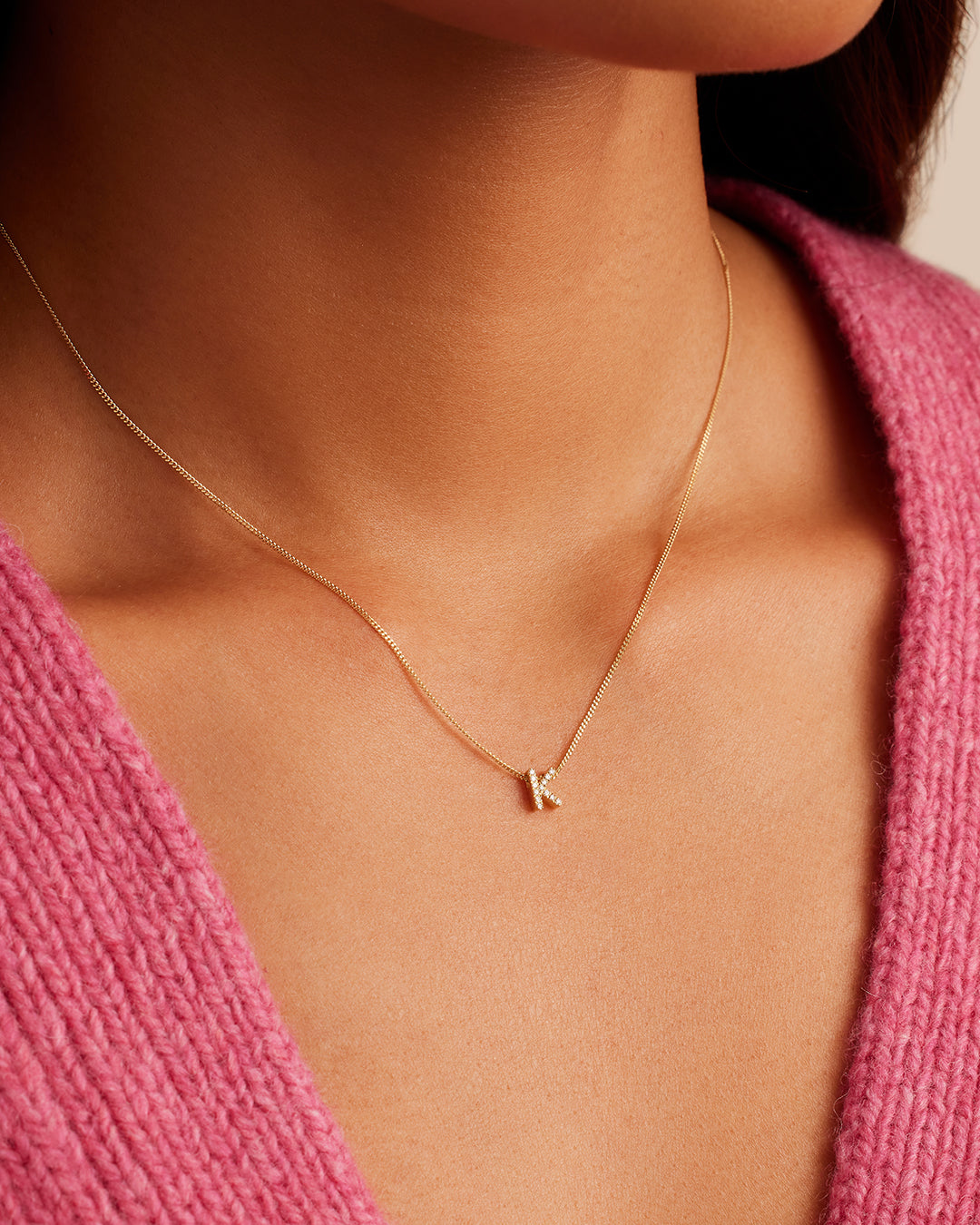 Diamond Alphabet Necklace || option::14K Solid Gold, K