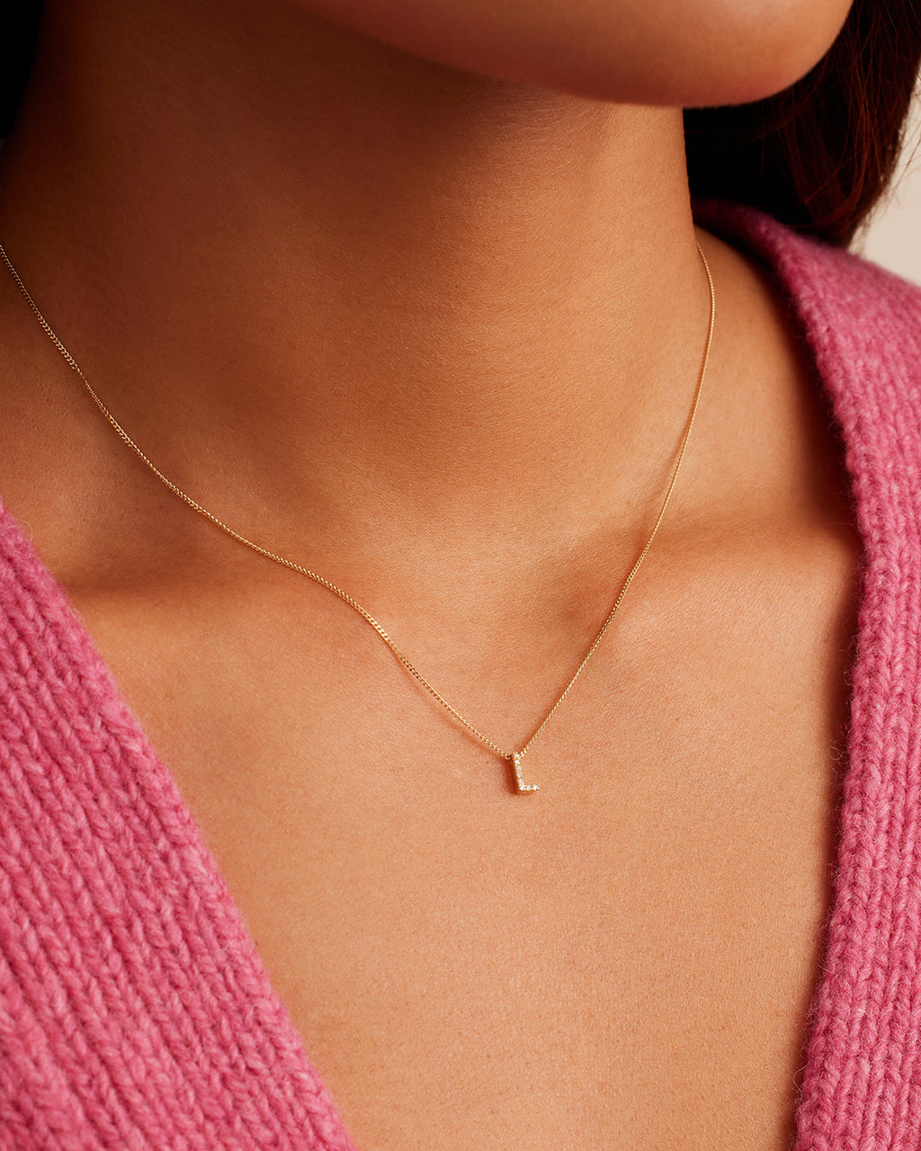 Diamond Alphabet Necklace || option::14K Solid Gold, L