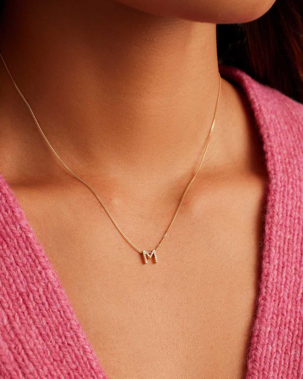 Diamond Alphabet Necklace || option::14K Solid Gold, M