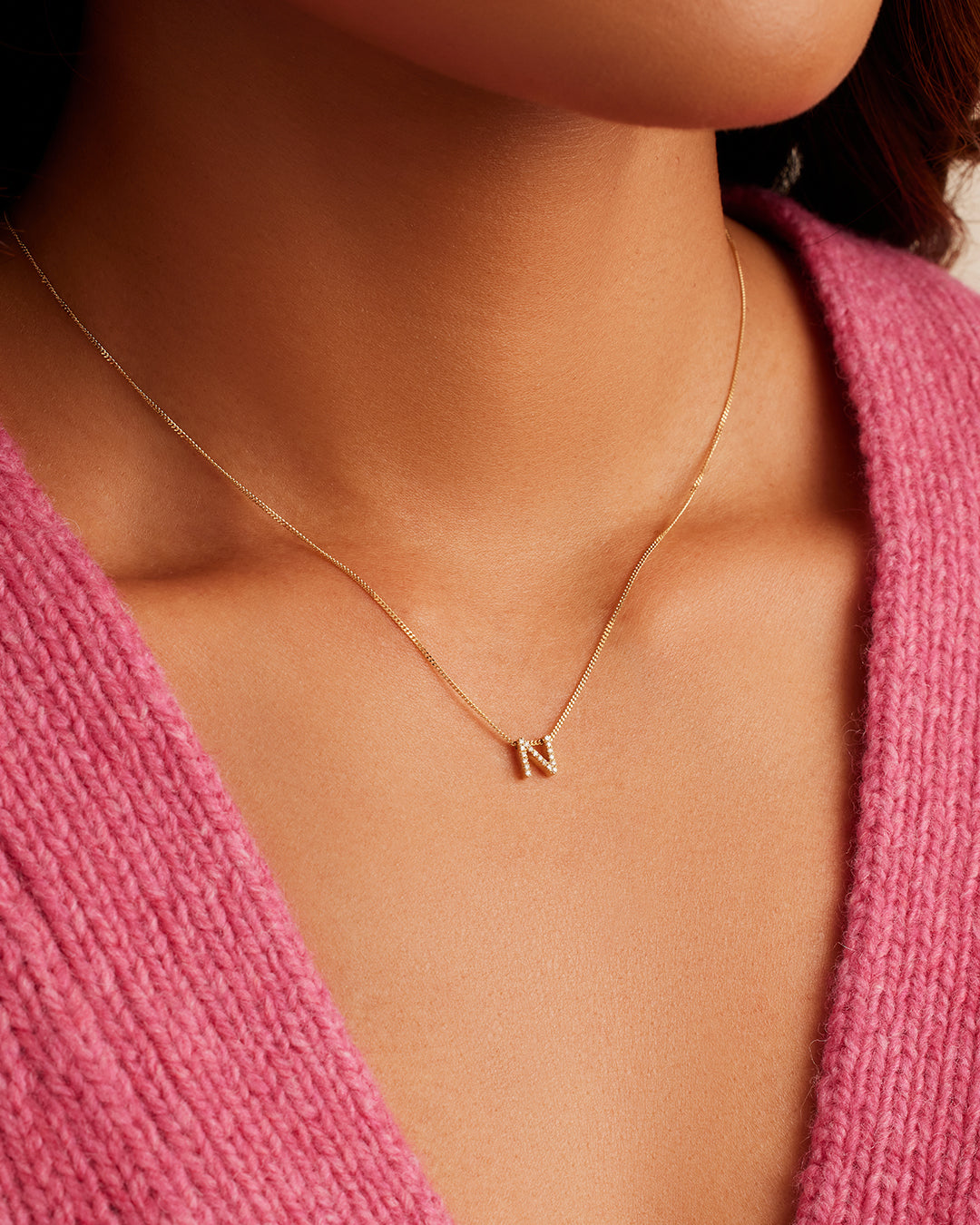 Diamond Alphabet Necklace || option::14K Solid Gold, N