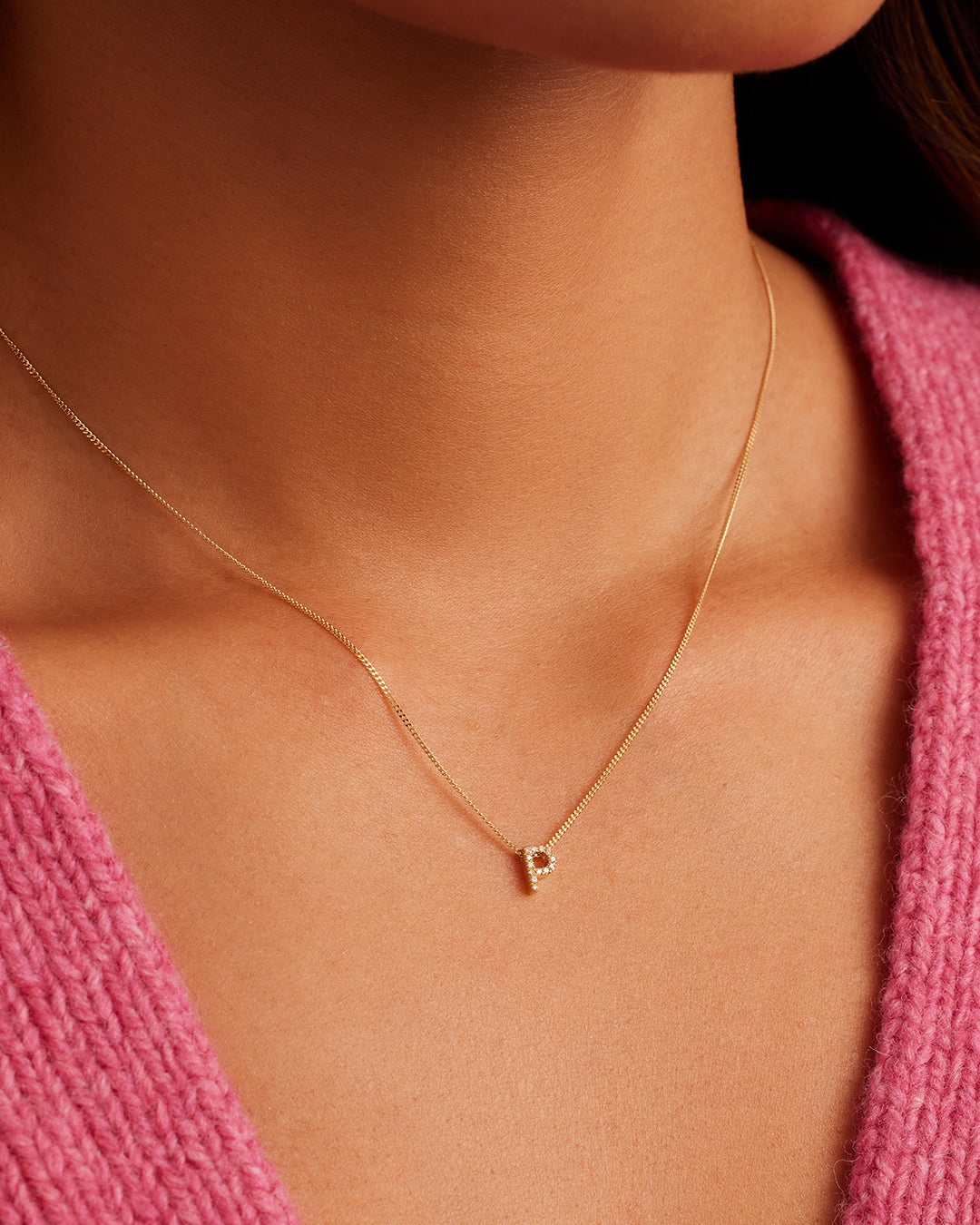 Diamond Alphabet Necklace || option::14K Solid Gold, P