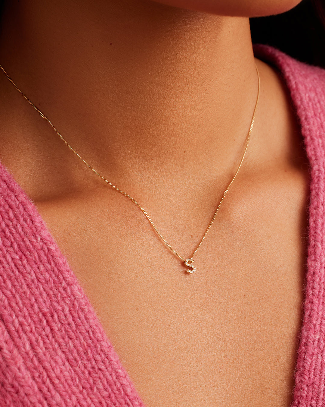 Diamond Alphabet Necklace || option::14K Solid Gold, S