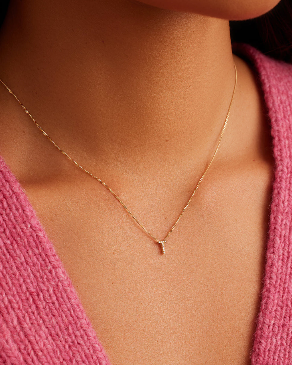 Diamond Alphabet Necklace || option::14K Solid Gold, T