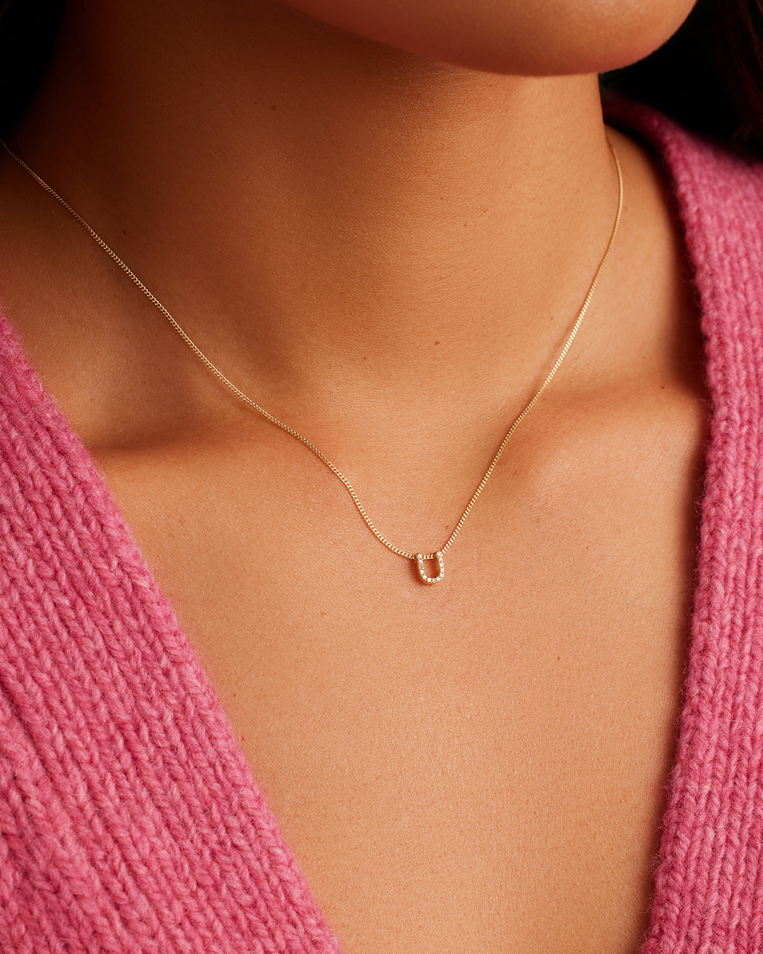Diamond Alphabet Necklace || option::14K Solid Gold, U
