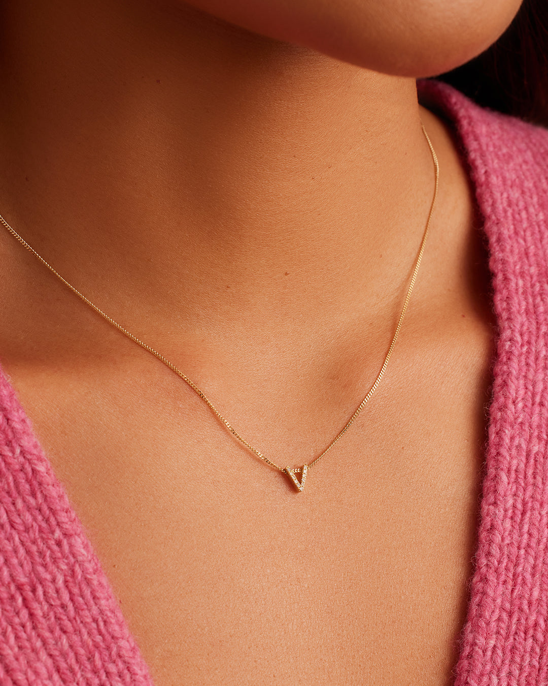 Diamond Alphabet Necklace || option::14K Solid Gold, V