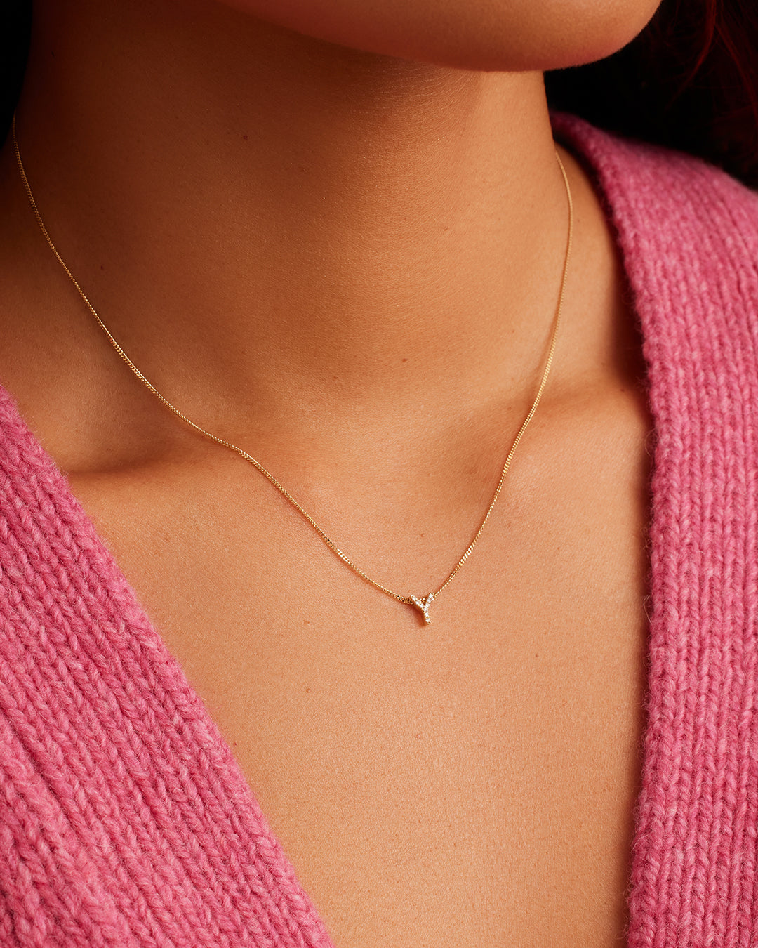 Diamond Alphabet Necklace || option::14K Solid Gold, Y