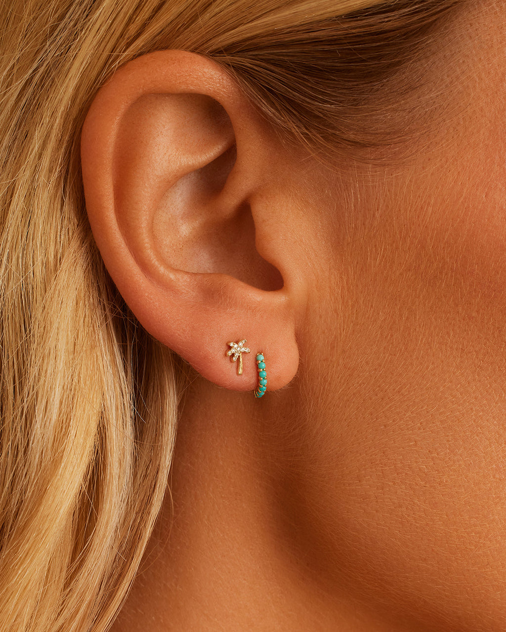 Turquoise Row Huggie || option::14K Solid Gold